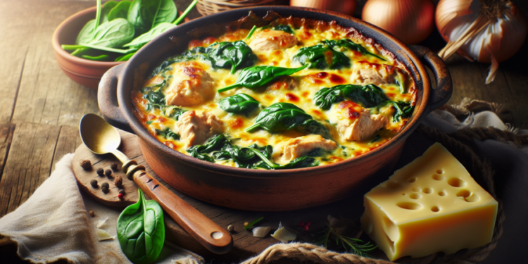 Cazuela de pollo con queso y espinacas