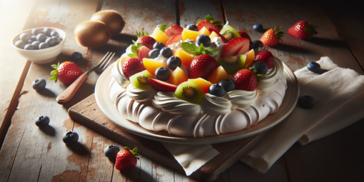 Pavlova con crema y frutas frescas