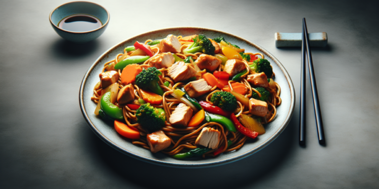 Fideos chinos salteados con pollo y verduras