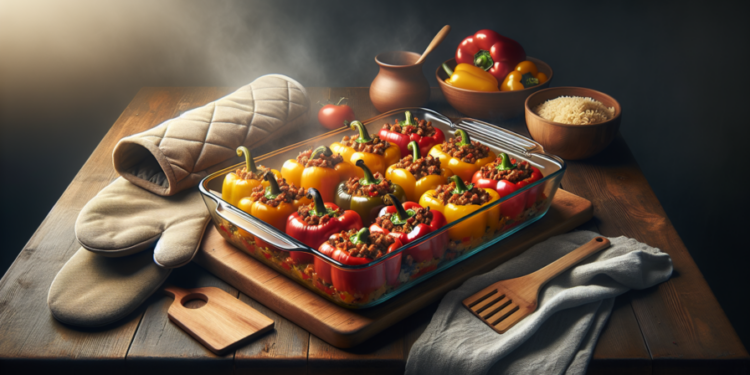 Pimientos rellenos de carne picada y arroz al horno
