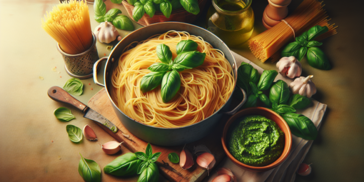 Receta de espaguetis con pesto casero de albahaca
