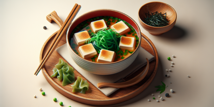 Sopa de miso japonesa con tofu y alga wakame